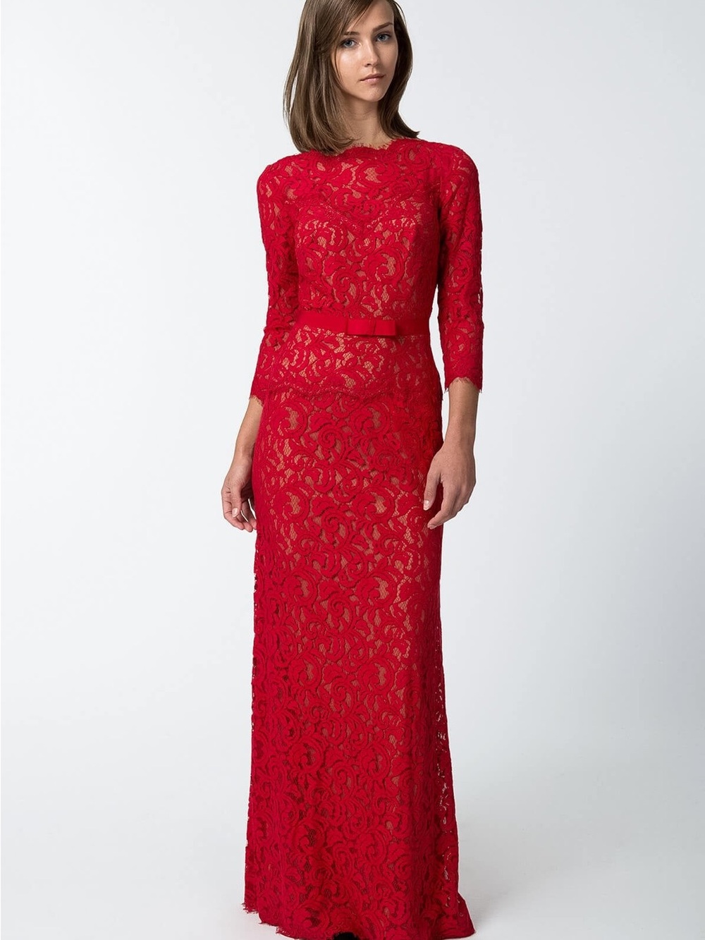 Tadashi Shoji Red Long-Sleeve Lace Gown